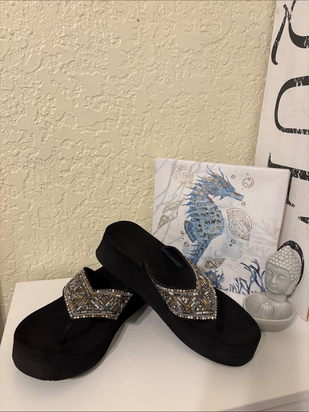 Yellow Box Black Beaded Platform Sandals